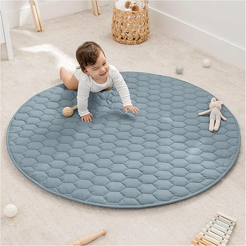 Comfy Cubs Round Kids Play Mat - Medium 48 inches Soft Quilted Baby Floor Mat with Non-Slip Bottom - Plush Design for Toddlers' Playtime and Relaxation - Comfortable and Durable - Pacific Blue