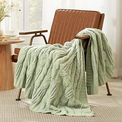 Amélie Home Chunky Knit Chenille Throw Blanket, Breathable Cable Knitted Blanket for Couch, Farmhouse Decorative Throw for Sofa Chair Bed, 50"x60", Sage Green