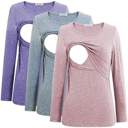 Bearsland Women's 3 Packs Maternity Clothes Long Sleeves Breastfeeding Shirts Nursing Top