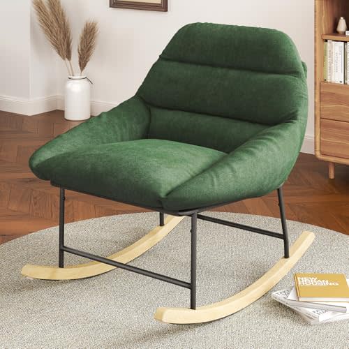 Vesgantti Outdoor Rocking Chair, Sherpa Fleece Upholstered Rocker Chair with Deep Seat, Rocking Accent Chair for Bedroom, Living Room, Porch, Garden, Green