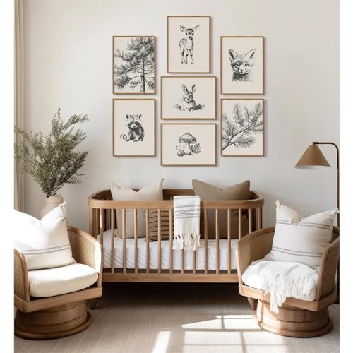Nursery Wall Art Woodland Animal Canvas Wall Decor Baby Room Pictures Forest Animal Prints Kids Wall Art Pine Tree Poster Nature Vintage Artwork Deer Fox Painting for Bedroom 8x10x7 Inch Unframed