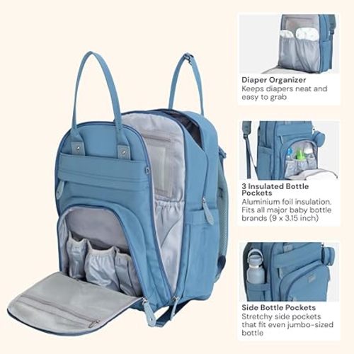 BabbleRoo Diaper Bag Backpack - Baby Essentials Travel Tote - Multi function Water Resistant Diaper Bag, Travel Essentials Baby Bag with Changing Pad, Stroller Straps & Pacifier Case - Light Blue