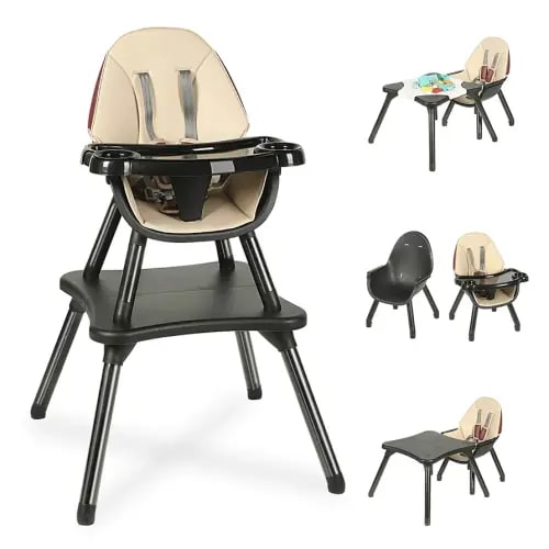 6 in 1 Baby High Chair, Convertible Highchair for Babies and Toddlers, Building Block Table Highchair with 5-Point Safety Harness/Removable Tray, Infant Feeding Table and Chair Set, Black