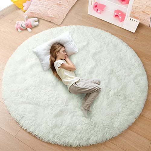 junovo Round Rug 4x4 Feet Fluffy Soft Area Rugs for Kids Girls Room Princess Castle Plush Shaggy Carpet Cute Circle Nursery Rug for Kids Girls Bedroom Baby Room Home Decor Circular Carpet, Creamy - 4ft