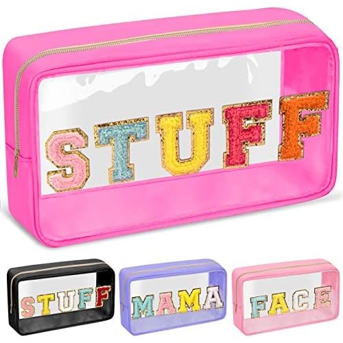 Chenille Letter Clear Makeup Bags Stuff Pouch, Preppy Patch Makeup Bag with Zipper, Transparent PVC & Nylon Waterproof Portable Glitter Cosmetic Bag Travel Toiletry Storage for Women Girl(STUFF-Rose)