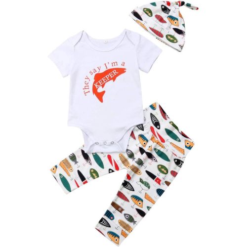 Muasaaluxi Newborn Infant Baby Girls Boys Daddy's Fishing Buddy Romper Bodysuit Fish Pants Hat 3Pcs Summer Outfit - 6-12 Months