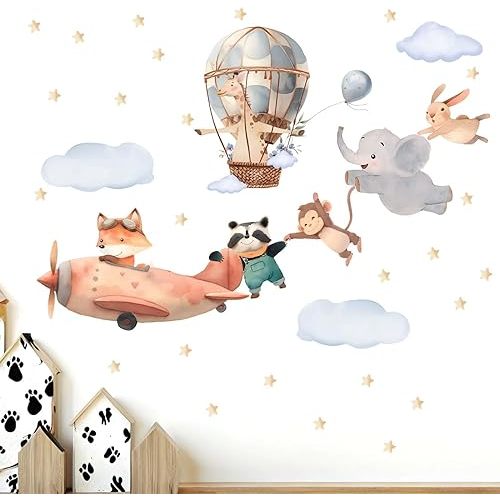 Animals Airplane Wall Stickers for Nursery: Baby Kids Bedroom Wall Decals - Aircrafts Hot Air Balloon Elephant Fox Giraffe Monkey