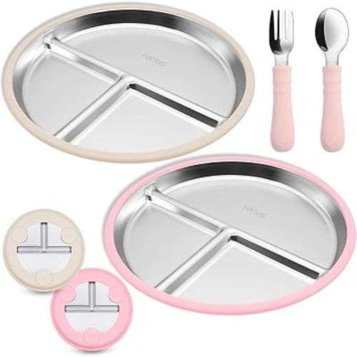 2 Pack Stainless Steel Baby Plate with Suction & Spoons and Forks Set, 9” Divided Plates with Removable Silicone Sleeves for Kids, Non-Slip Toddler Baby Feeding Set Dishwasher Safe