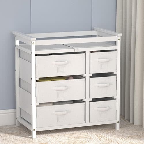 KORIMEFA Modern Baby Changing Table, Diaper Changing Table, with 6 Storage Drawers and Changing Pad, White
