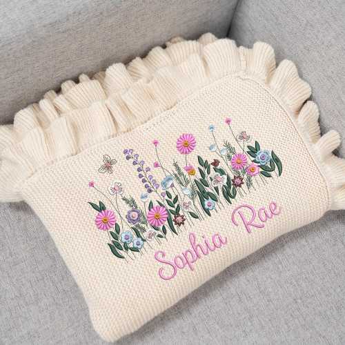 Wildflower Nursery Baby Quilt Blanket Ruffle, Embroidery Blanket Flowers, Custom Baby Name Blanket, Baby Shower Girl, Floral Nursery Blanket