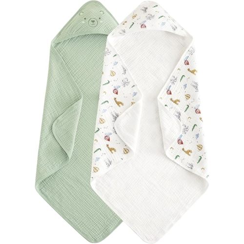 david's kids 2 Pack Hooded Baby Towels, Large 32"x32", 6 Layer 100% Muslin Cotton Highly Absorbent Boy Girl Bath Towel for Infant Toddler and Kids, Ultra Soft and Breathable Baby Essentials, Animals
