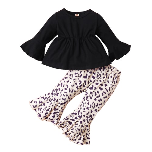 Infant Baby Girl Outfits: Long Sleeve Round Neck Top & Leopard Pants Set, 6-9 Months