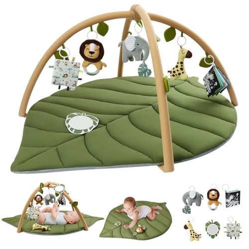 Blissful Diary Baby Play Gym & Activity Mat, Oversize Leaf Shaped Baby Play Mat w 6 Detachable Toys, Tummy Time Mat Promote Motor Skills & Sensory Development Mat, Newborn Infant Baby Essentials Gift - Green Leaf Gym