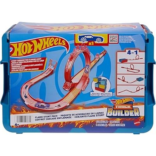 Hot Wheels Toy Car Track Set, Track Builder Playset Flame Stunt Pack with 16 Component Parts & 1:64 Scale Vehicle in Modular Storage Container
