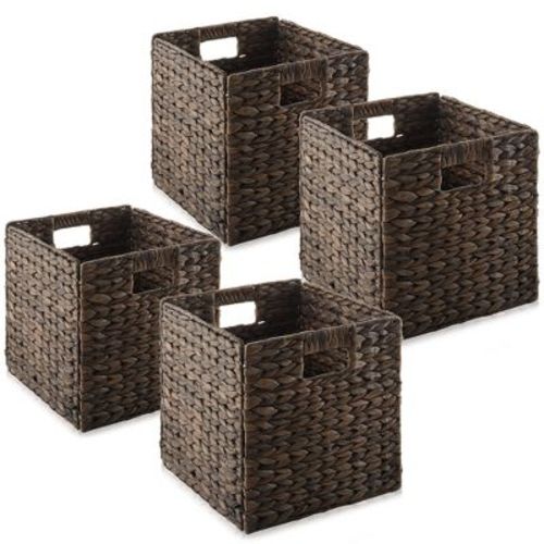Casafield 10.5" X 10.5" Water Hyacinth Storage Baskets, Natural - Set Of 2 Collapsible Cubes, Woven Bin Organizers For Bathroom, Bedroom, Laundry