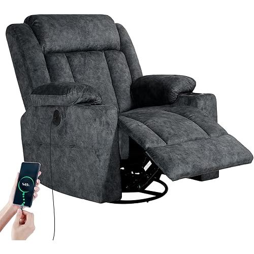 LEVELEVE Retro Rocking Recliner Chair, Massage Rocker Recliner Chair with Vibration Massage and Heat, USB and Type-C Ports,360° Swivel Chairs,Living Room, Bedroom, Nursery, RV, Dark Grey