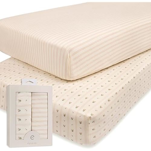 Ely’s & Co. Crib Sheets Baby Girl Fitted Crib Mattress Sheet Set, 2 Pack, 100% Jersey Knit Cotton, Infant and Toddler Nursery Bedding, Pink Linear Floral Collection, 28” x 52”