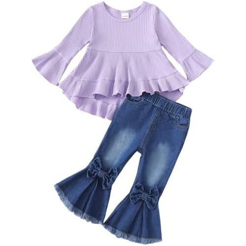 Kucnuzki Toddler Baby Girls Clothes Long Sleeve Shirt Top Flare Denim Jeans Cute Outfit Baby Girl Fall Winter Clothes