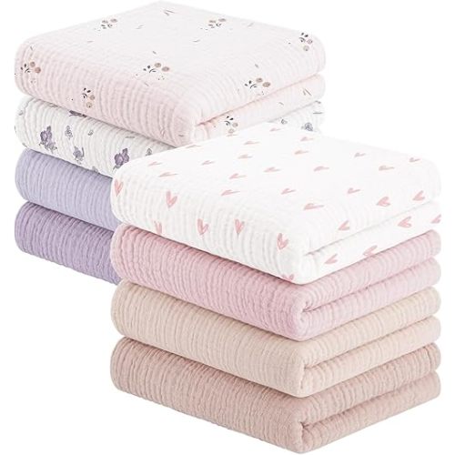Susurration Muslin Cloths Baby Burp Cloths, Pack of 5, 100% Cotton Burp Cloths Baby for Boys and Girls, Soft, Breathable and Extremely Absorbent Muslin Cloth for Baby 60 x 60 cm (Pink Purple)