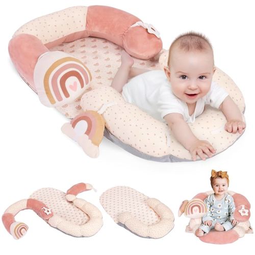 4 in 1 Tummy Time Mat & Seated Support Pillows, Play Mat, Sitting Support for Newborn 0-12 Months, Infant Baby Sit Me Up Floor Seat, Sensory Development Gifts Tummy Time Play Toys, Rainbow