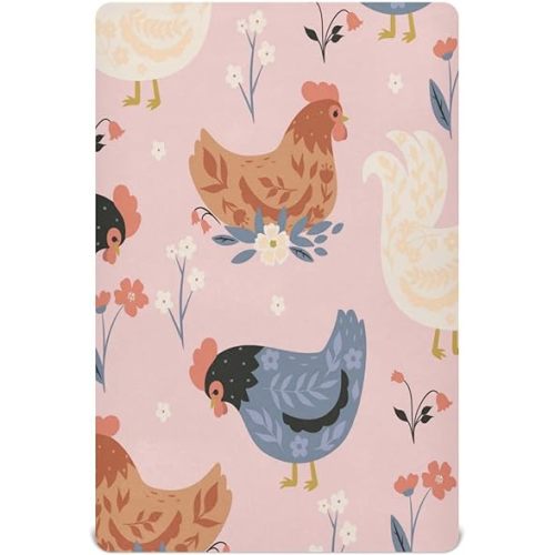 Cute Chickens and Flowers Crib Sheets for Boys and Girls, Fitted Baby Crib Sheets Soft and Breathable Mini Crib Sheets 52 X 28 X 9 Inches