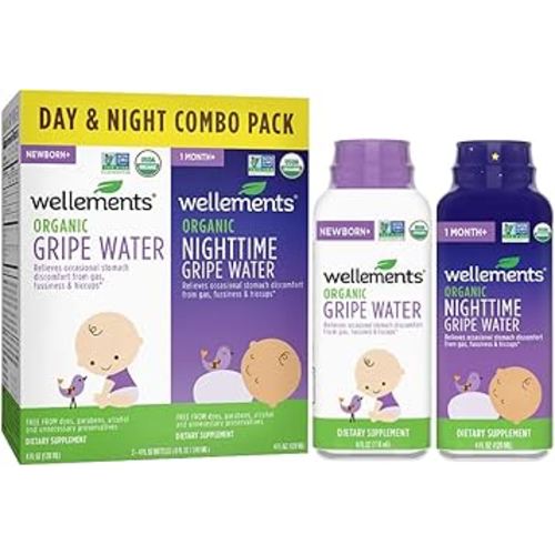 Wellements Organic Baby Gripe Water, Day & Night Combo Pack | Relieves Occasional Stomach Discomfort from Baby Gas, Colic, Hiccups and Fussiness | USDA Certified Organic (Pack of 2, 4 Fl Oz Bottles)