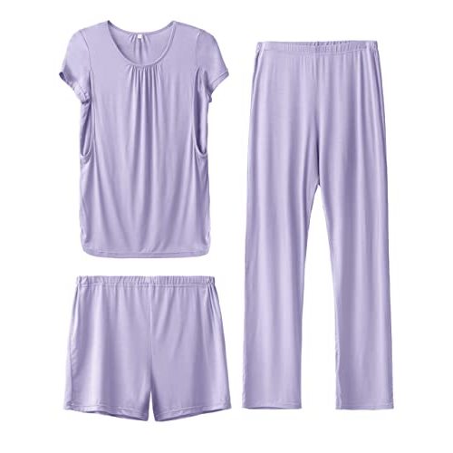 SUNNYBUY Womens Maternity Nursing Pajamas Set, Short Sleeve Breastfeeding Shirts,Pregnancy Shorts & Pants 3 Piece Nursing PJS
