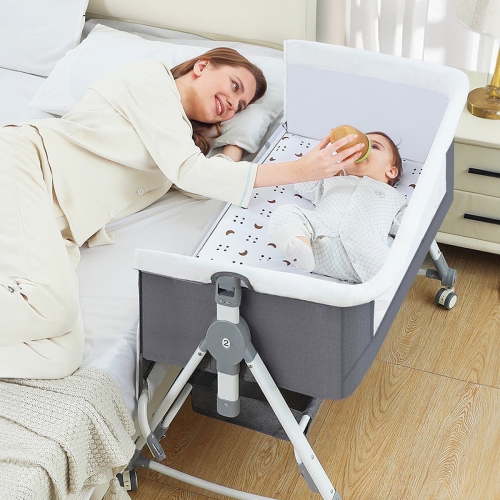 JOJOLAM Baby Crib, 5-in-1 Bedside Bassinet with Changing Table and Wheels, Adjustable Height, Gray