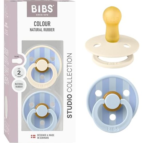 BIBS Pacifiers - Studio 2 Pack | Round Nipple Baby Pacifier | BPA Free Natural Rubber Latex Soother | Made in Denmark | Size 6+ Months | Block Baby Blue Dusty Blue