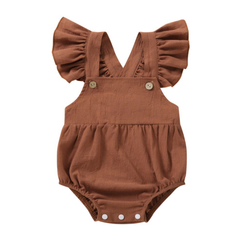 TUOBARR Newborn Infant Baby Girls Solid Clothes Fly Sleeve Bodysuit Suspender Romper Brown (0-12Months)