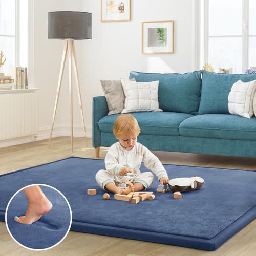 ILPEOD Baby Play Mat for Floor Tummy Time Mat Nursery Rug Muscle Mat Area Rug Playroom Rug Tatami Mat 6'7"x4'11" Memory Foam 1.3" Thick Crawling Mat for Babies,Toddlers, Infants, Kids,Floor Mat(Blue)
