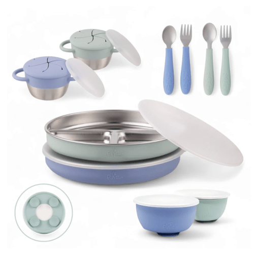 Stainless Steel Mealtime Bundle | Plates, Bowls, Snack Cups + Toddler Utensils | Suction Sleeves | Sage/MistyBlue