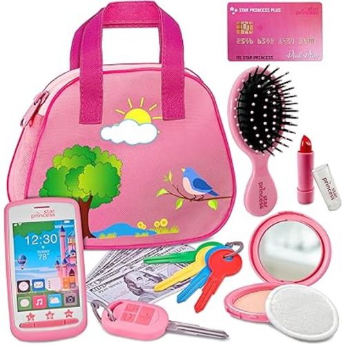 Toddler Play Purse for Kids with Accessories, Toys for Girls with Pretend Makeup, Keys, Smartphone, Dress Up Toy Purse for Toddlers and Kids - Birthday Gift for Little Toddler Girls Ages 3 4 5 6, Pink