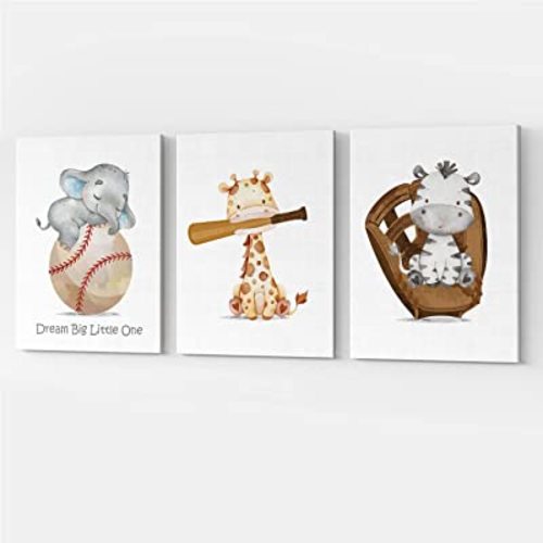 GUBIYU Baseball Nursery Room Decor Baby Boy Sports Canvas Nursery Animal Sports Art Baseball Print Set of 3, Nursery Sports Decor Baseball Posters Wall Decor Sports Themed Room Decor for Boys 12"x16"