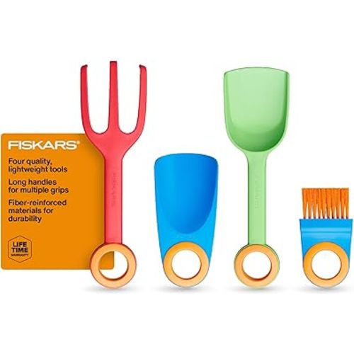 Fiskars Kids Garden Tool Set (4-Piece) - Ages 3+ Educational Toys for Yard Work - Cultivator, Trowel, Scoop and Brush with Organizational Hang Holes