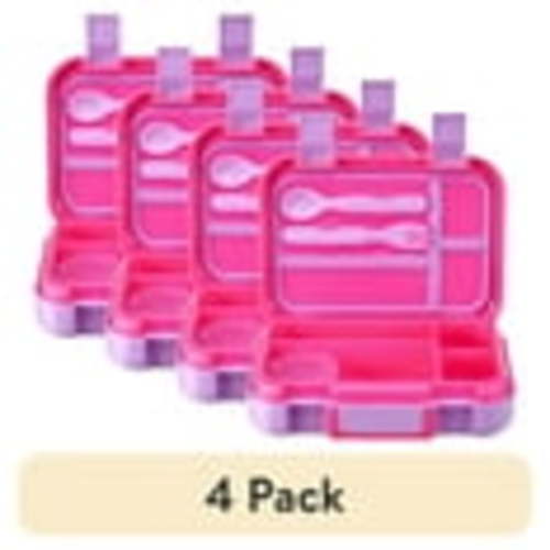 (4 pack) Your Zone Plastic Bento Box with 4 Compartments, Fork, Spoon, 1 Dressing Container, Pink