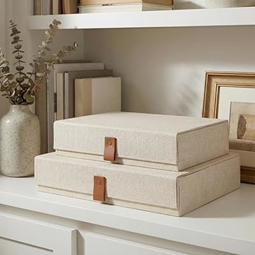 Decorative Photo Storage Boxes with Lids - Set of 2 Beautiful Linen Organizers Are Perfect to Safely Store Your Pictures, Documents, Scrapbooking Supplies, Keepsakes and Other Memories in Style