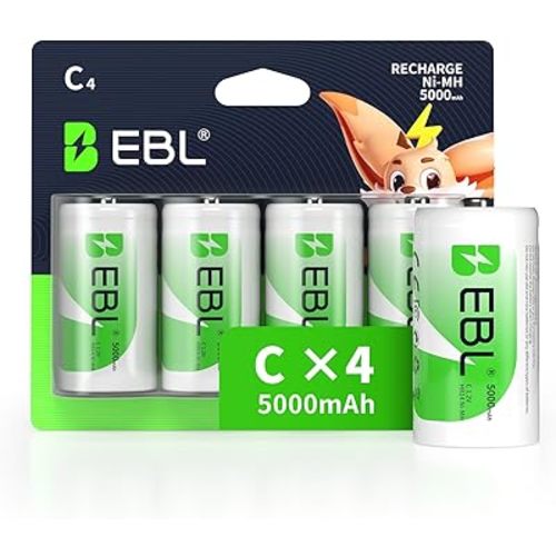 EBL Rechargeable C Batteries, 5000mAh Ni-MH High Capacity C Cell Battery New Retail Package, Pack of 4