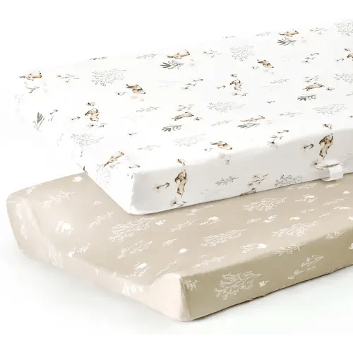 GRSSDER Stretch Ultra Soft Jersey Knit Changing Pad Cover Set 2 Pack, Change Table Pad Covers Fit 32"/34" x 16" Pads Safe and Snug, Pretty Pattern for Boys and Girls, Stylish Watercolor Rabbit Pattern