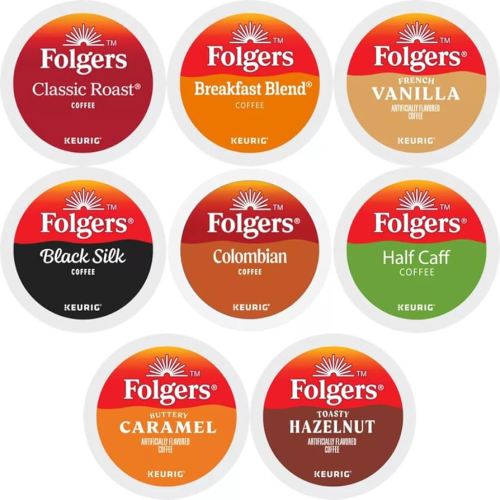 Folgers K-cups Coffee Pods Variety Sampler Includes Classic Roast, Black Silk, Breakfast Blend, Colombian, Hazelnut, Caramel and French Vanilla for Keurig Brewers. 24 Count