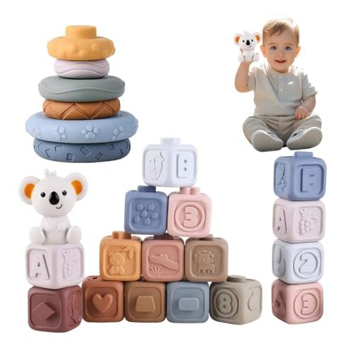 TMYIDO 2 in1 Soft Stacking Building Blocks Rings Sets,Montessori Toys for Babies 6-18 Months,Early Learning Toys 06-12 Months and Squeeze Stacker and Soft Teething Toys for Babies