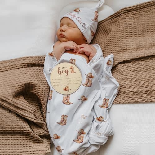 Ylsteed Baby Swaddle Blanket and Headband Set, Newborn Receiving Blanket Swaddle Wrap for Girls and Boys, Swaddling Blankets Neutral for Newborn, Soft and Skin-Friendly 32 * 32 inches (Cowboy)