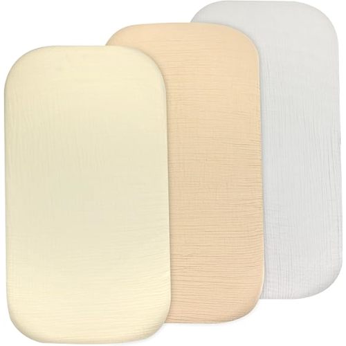 3-Pack Bedside Sleeper Bassinet Sheets | GOTS Certified Organic 100% Muslin Cotton | Ultra Soft & Breathable | 33×20×4” Fitted Sheets | Universal Fit 29–33” x 17–21” Pads