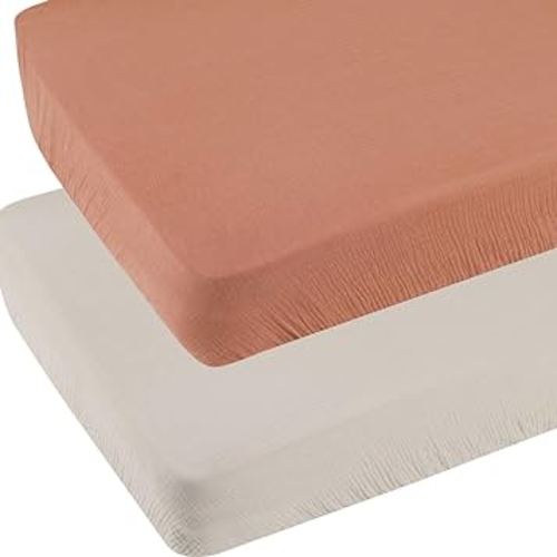 Muslin Pack and Play Sheets Fitted Compatible with Graco Pack n Play Playard Crib and Other 27 x 39 Inch 24 x 38 Playpen/Mini Crib Mattress Soft 100% Cotton Fog & Brown