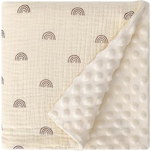 100% Muslin Cotton Front Nursery Fluffy Dotted Fleece Back Receiving Bed Quilt, Reversible Baby Blanket for Unisex Newborn Baby Toddler Boys Girls