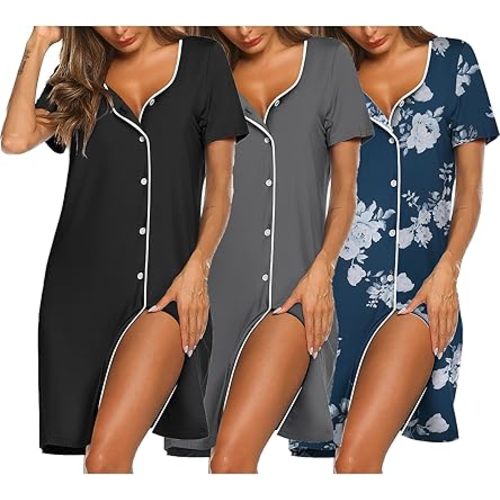 Ekouaer Nightgowns for Women 3 Pack Sleep Shirts Button Down Pajama Dress Short Sleeve Nightshirt Sleepwear Nightdress