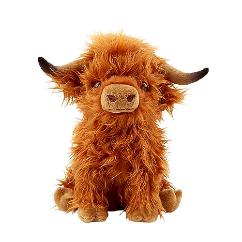rivoeis 10.5 inches Highland Cows Stuffed Animals, Cute Fluffy Cow Plush Figure Toys Realistic Highland Cattle Plush Decor for Kids Baby Girls Boys