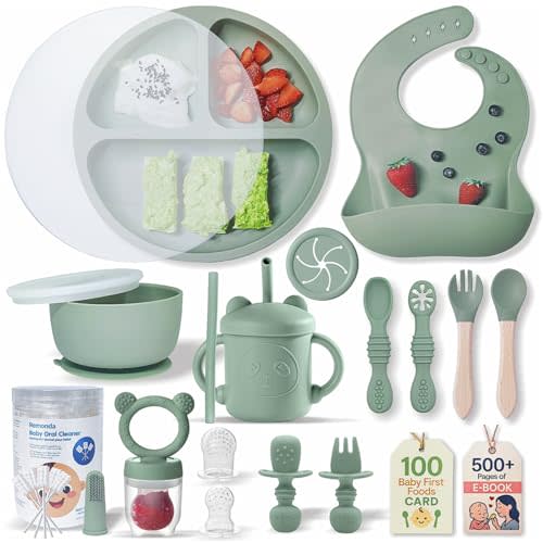 Remonda 23-Piece BPA-Free Silicone Baby Feeding Set | Extra Large Suction Plates, Toddler Bowls, Self Feeding Spoons, and More | Dishwasher Safe| Baby Led Weaning Supplies (Green)