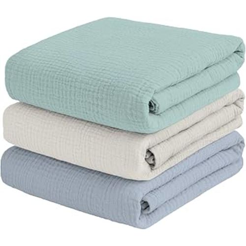 Muslin Swaddle Blankets for Baby Boy, Receiving Blankets for Boys Nursery Large 47 x 47 Inches Soft Breathable Cotton Blanket for Newborn 3 Packs, Sage Green, Cream White, Blue