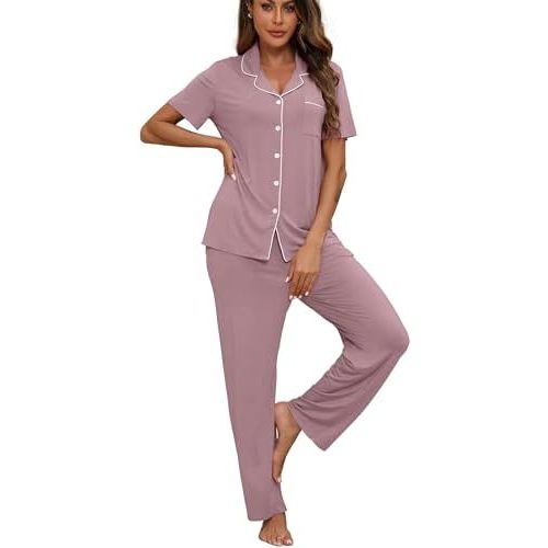 Womens Pajamas Sets 2 Piece Button Up Pj Sets Short Sleeve with Long Pant